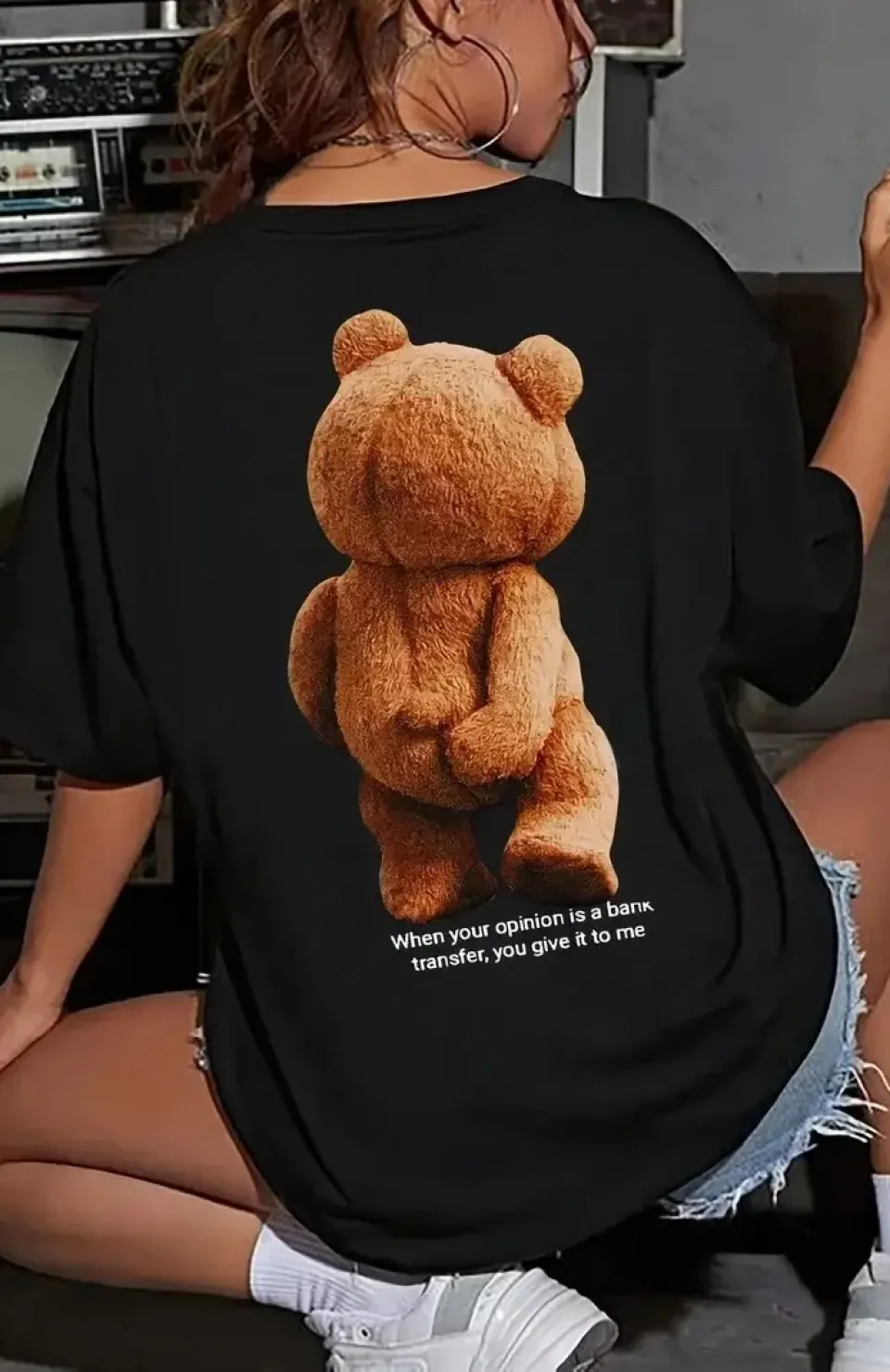 Büyük Boy Ayıcık Baskılı Bisiklet Yaka T-Shirt, İlkbahar & Yaz İçin Rahat Kısa Kollu T-Shirt, Kadın Giyim - Siyah