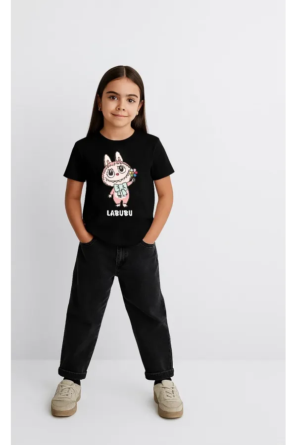 Kız Labubu Çocuk Baskılı T-Shirt - Siyah