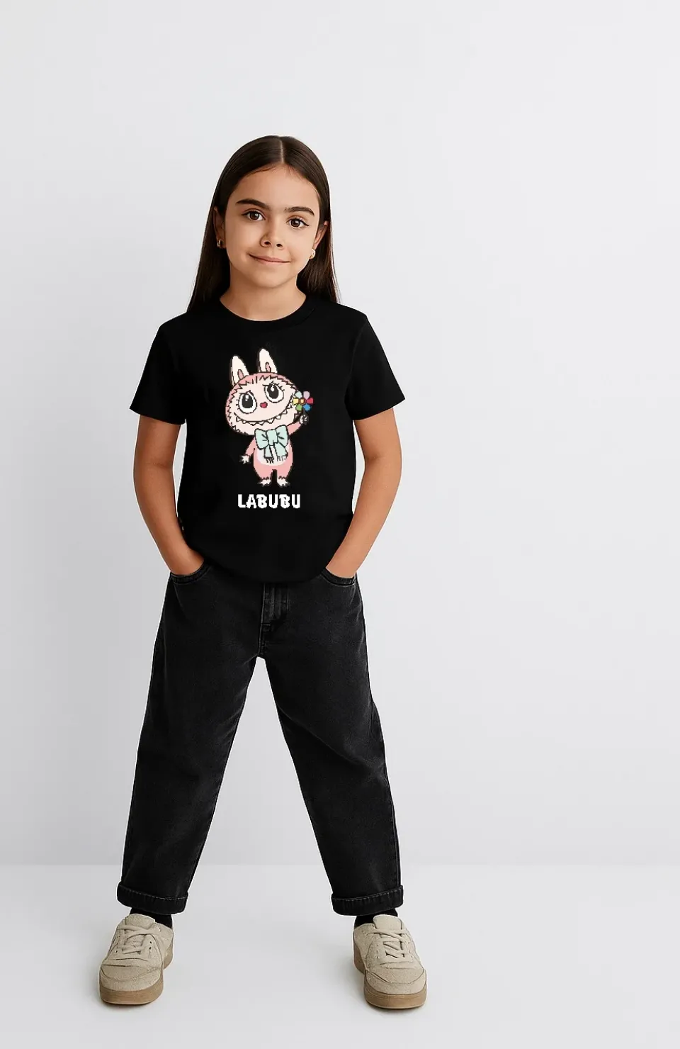 Kız Labubu Çocuk Baskılı T-Shirt - Siyah