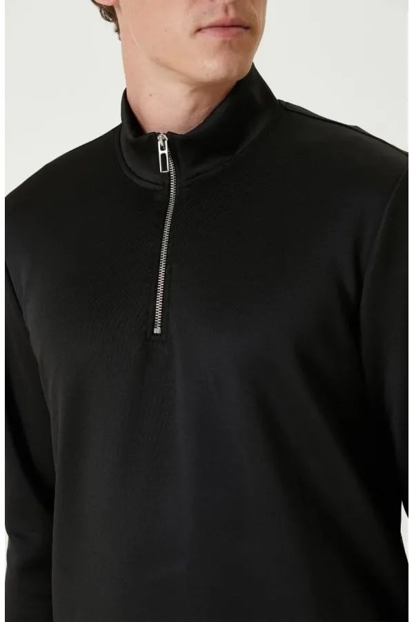 Unisex Uzun Kol Yarım Farmuarlı Yakalı Basic SweatShirt - Siyah