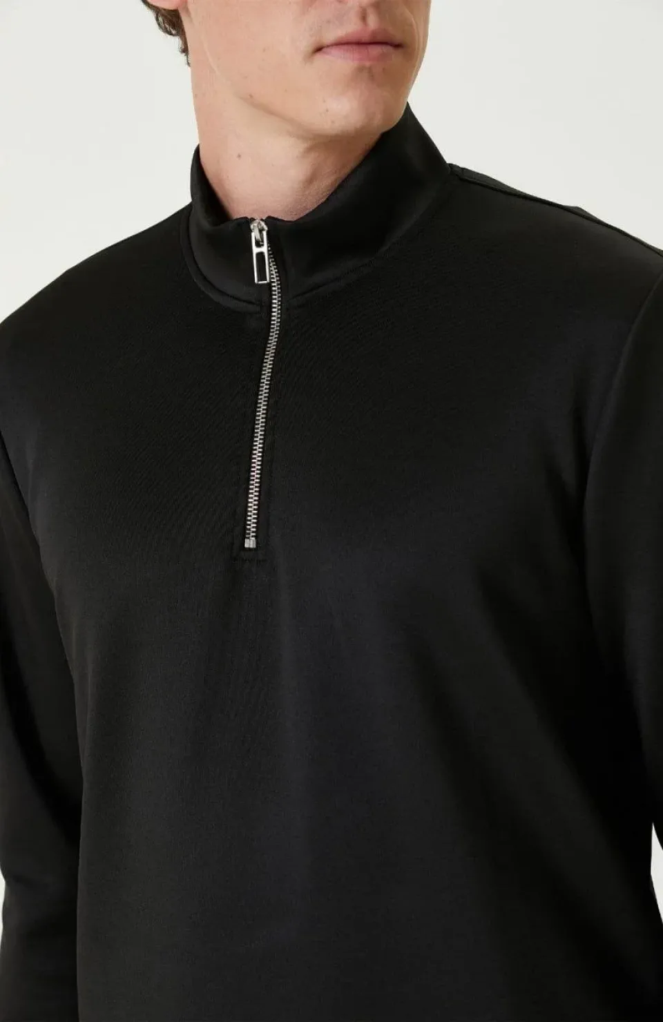 Unisex Uzun Kol Yarım Farmuarlı Yakalı Basic SweatShirt - Siyah