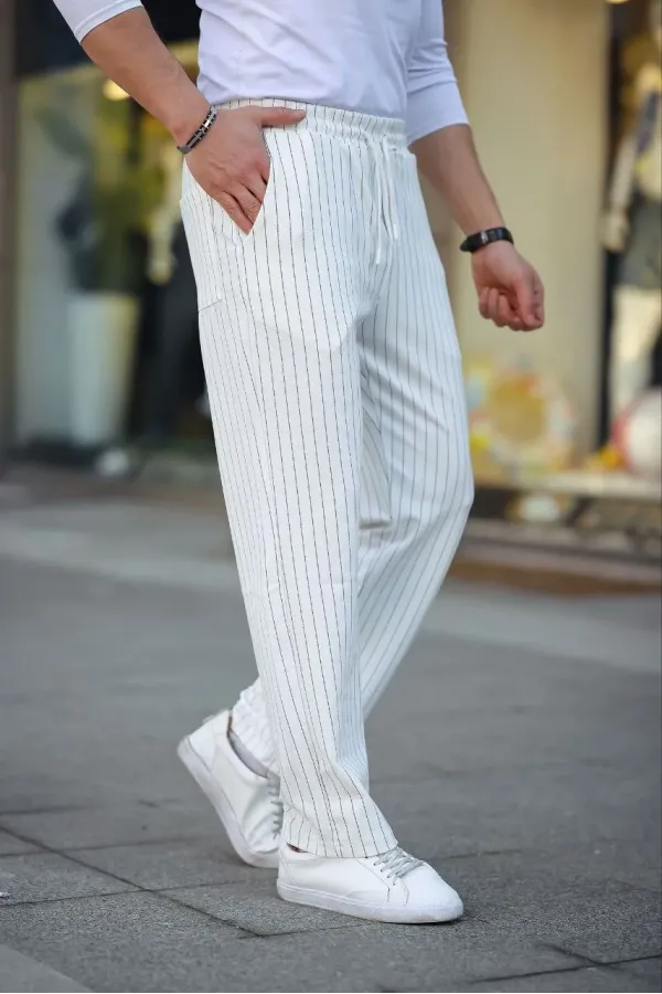Erkek Cizgili Dokuma Krep Jogger Buggy Pantalon Rahat kalıp - Beyaz
