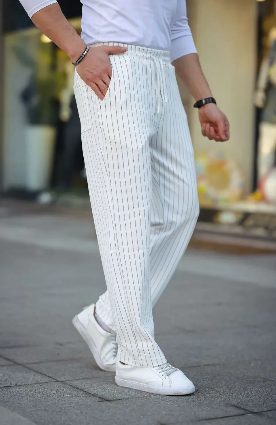 Erkek Cizgili Dokuma Krep Jogger Buggy Pantalon Rahat kalıp - Beyaz Somersan Giyim | Kadın, Erkek ve Çocuk Moda