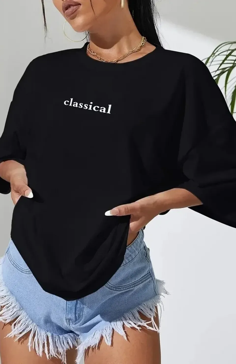 20/1 Penye Compack Classical Baskılı Siyah Oversize Tişort - Siyah