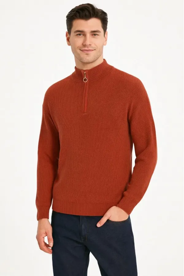 Erkek Yarım Fermuarlı Triko Kazak – Selanik Örgü, Dik Yaka, Pamuklu Dokuma, Regular Fit Uzun Kollu Kışlık Model - Kiremit