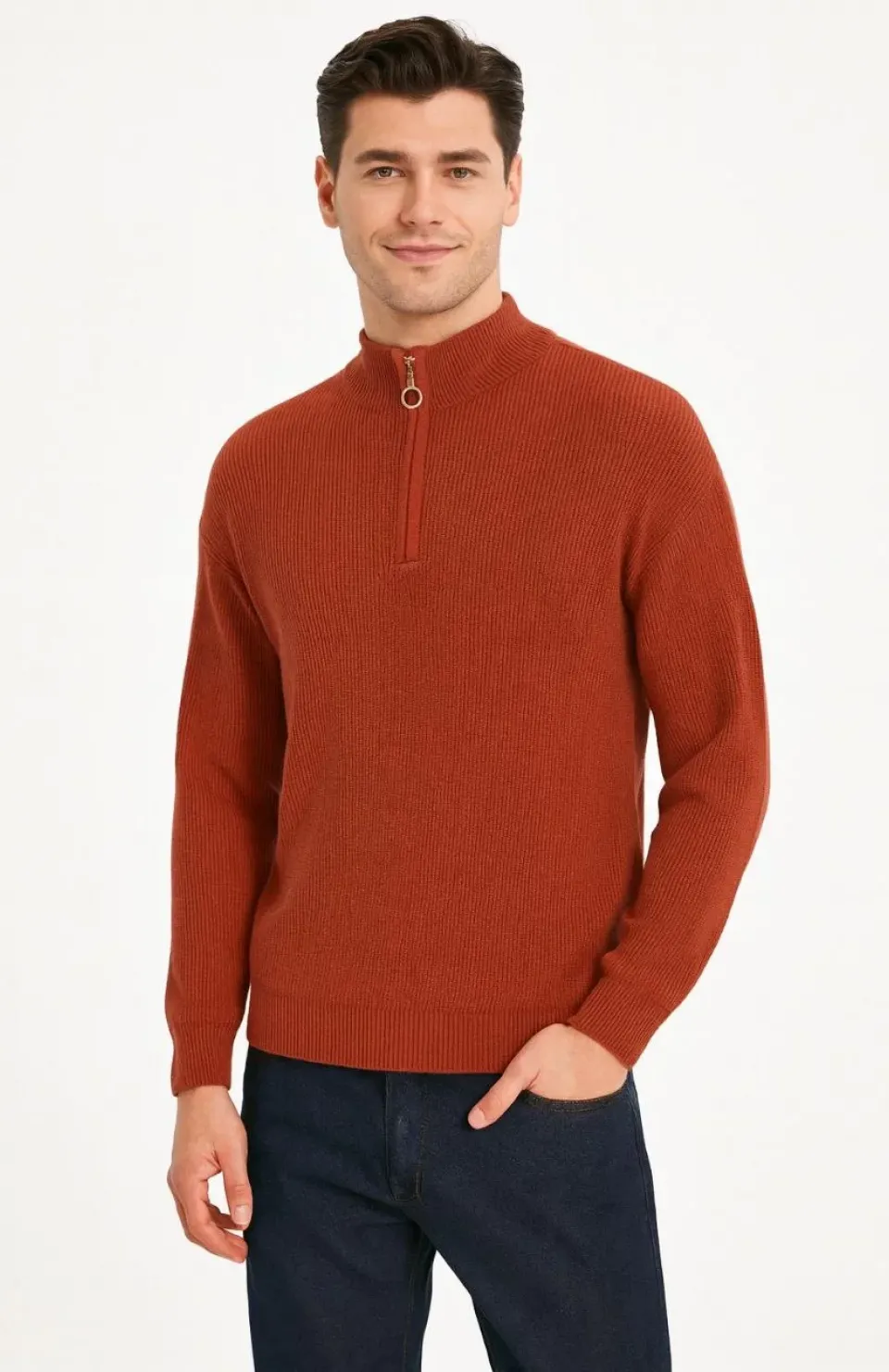 Erkek Yarım Fermuarlı Triko Kazak – Selanik Örgü, Dik Yaka, Pamuklu Dokuma, Regular Fit Uzun Kollu Kışlık Model - Kiremit