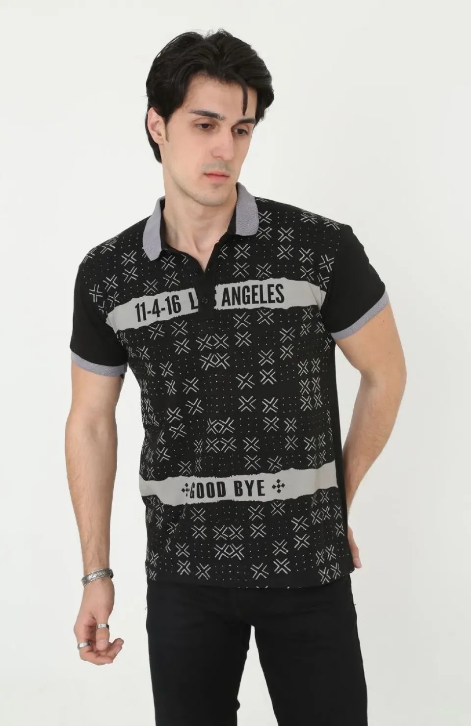 Erkek Yakalı Slim Fit Baskılı T-Shirt - Siyah