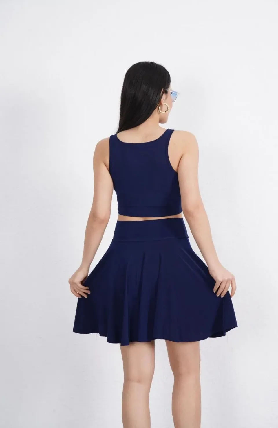 Sendy Kumaş Bisiklet Yaka Crop Şortlu Etek ikili Takım - Lacivert