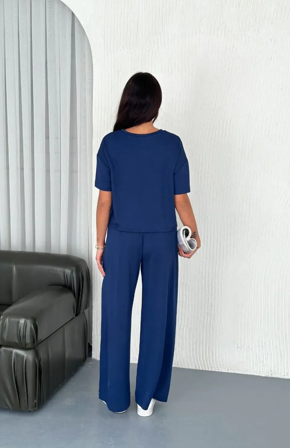 Osy Modal Yumuşak Dokulu Kumaş Bisiklet Yaka T-shirt Bol paça Pantalon ikili Takım -Saks Mavi