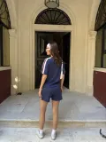 Osy Modal yumuşak dokulu Kumaş Kadın Parçalı Bisiklet Yaka T-shirt Mini Şortlu Etek İkili Takım -Lacivert