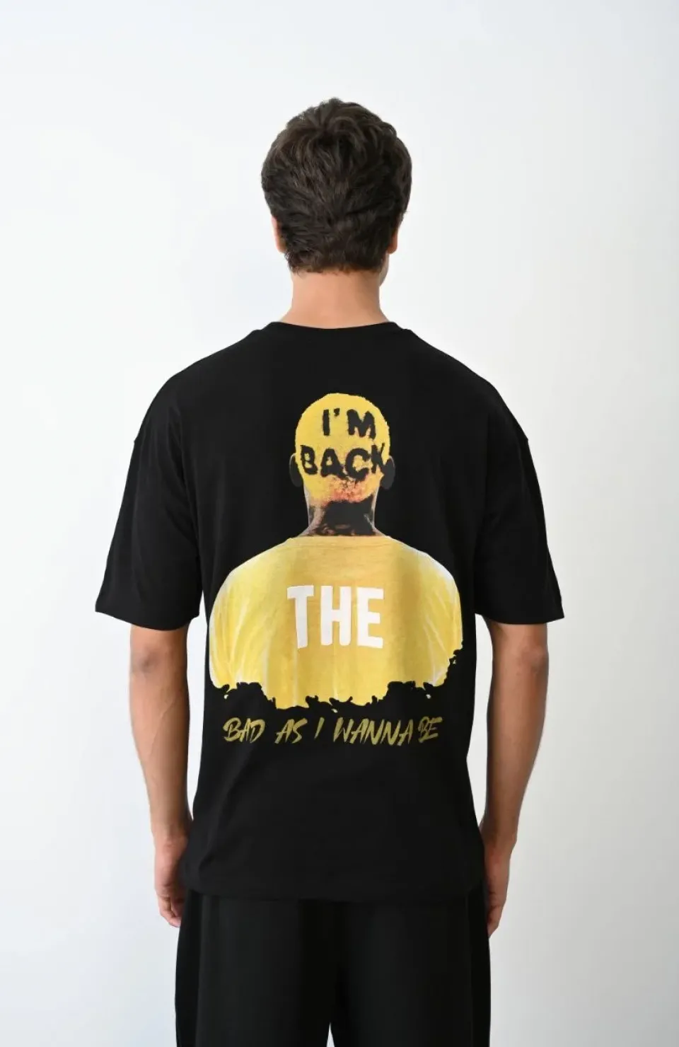 Unisex Bisiklet Yaka Baskılı Oversize T-Shirt - Siyah