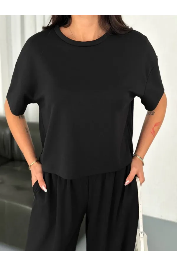 Osy Modal Yumuşak Dokulu Kumaş Bisiklet Yaka T-shirt Bol paça Pantalon ikili Takım -Siyah