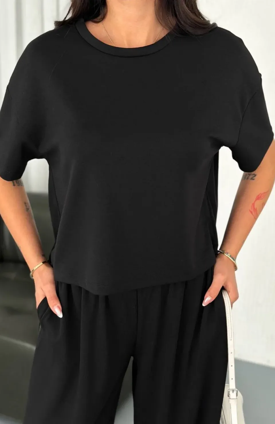 Osy Modal Yumuşak Dokulu Kumaş Bisiklet Yaka T-shirt Bol paça Pantalon ikili Takım -Siyah