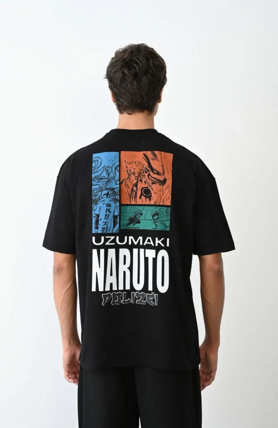 Unisex Bisiklet Yaka Baskılı Oversize T-Shirt - Siyah