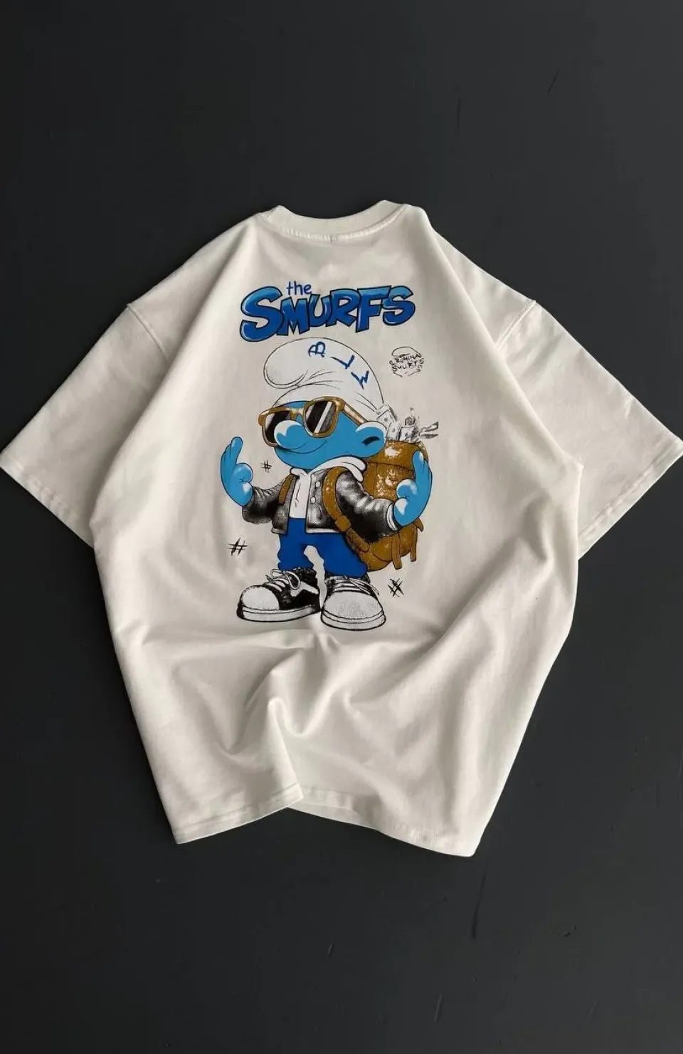 Ön ve Arka Baskılı Oversize Bisiklet Yaka T-shirt- Beyaz