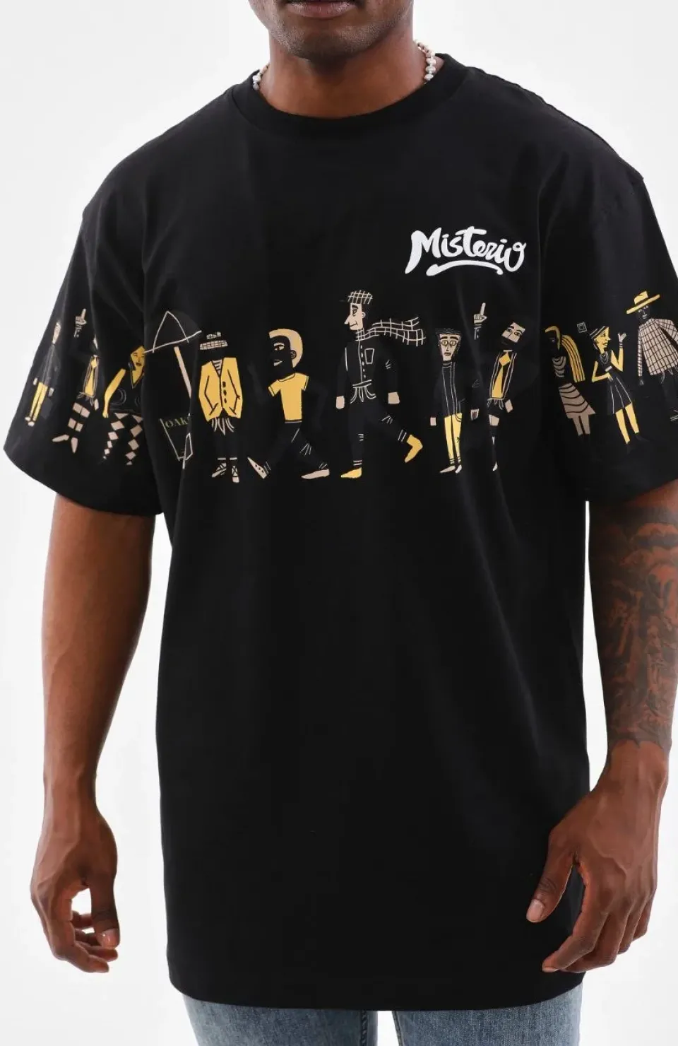 Unisex Bisiklet Yaka Baskılı Oversize T-Shirt - Siyah