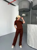 Osy Modal Yumuşak Dokulu Kumaş Kısa Kollu Bluz Rahat Pantalon ikili Takım- Kahverengi