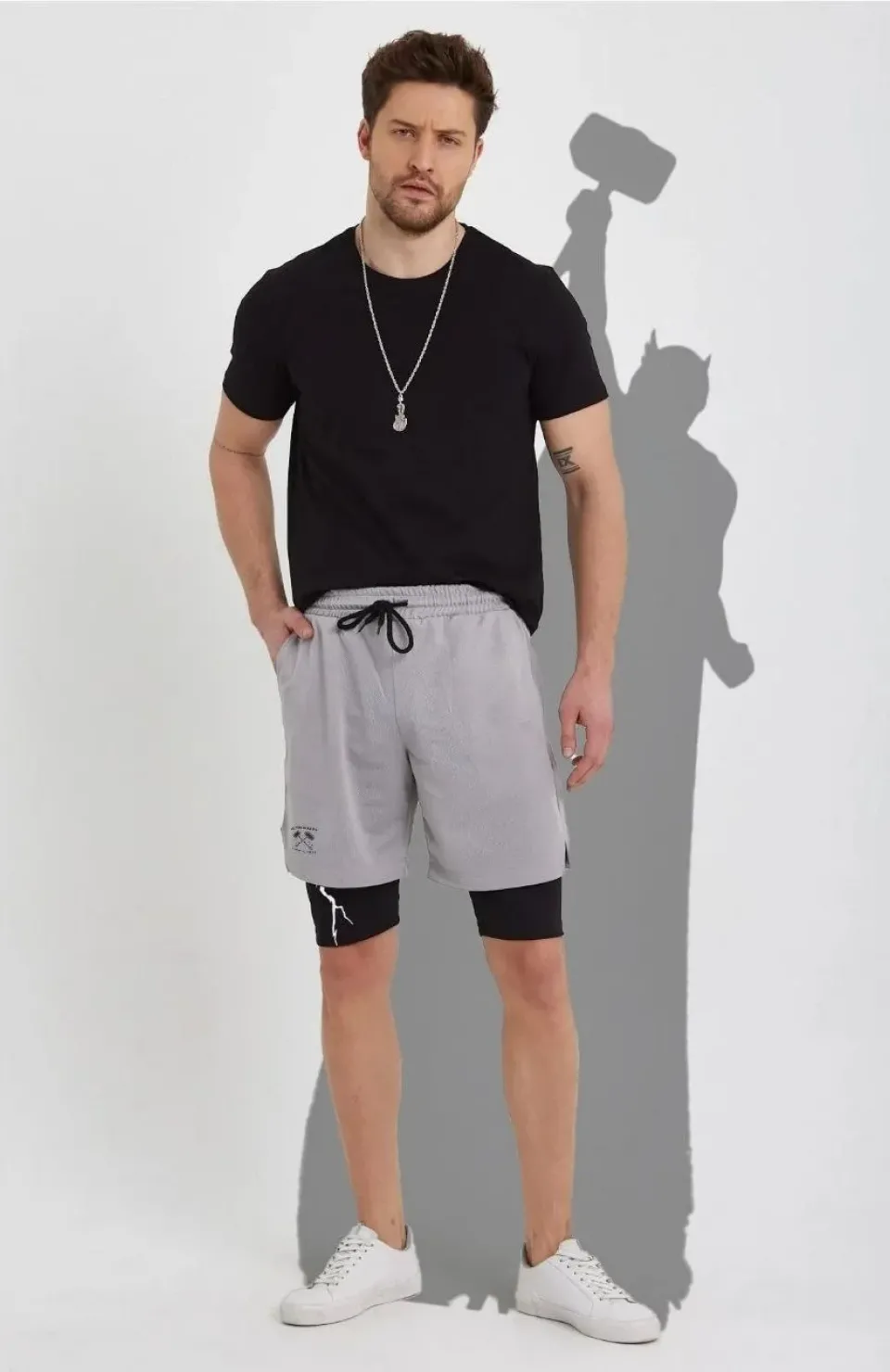 Unisex Baskılı İç Cepli Sporcu Alt Taytlı Şort - Gri