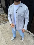 Erkek Diagonal Kumaş Cepli Çıtçıtlı uzun Kollu, Gömlek Oversize Rahat Kalıp Günlük Şık Stil - Gri