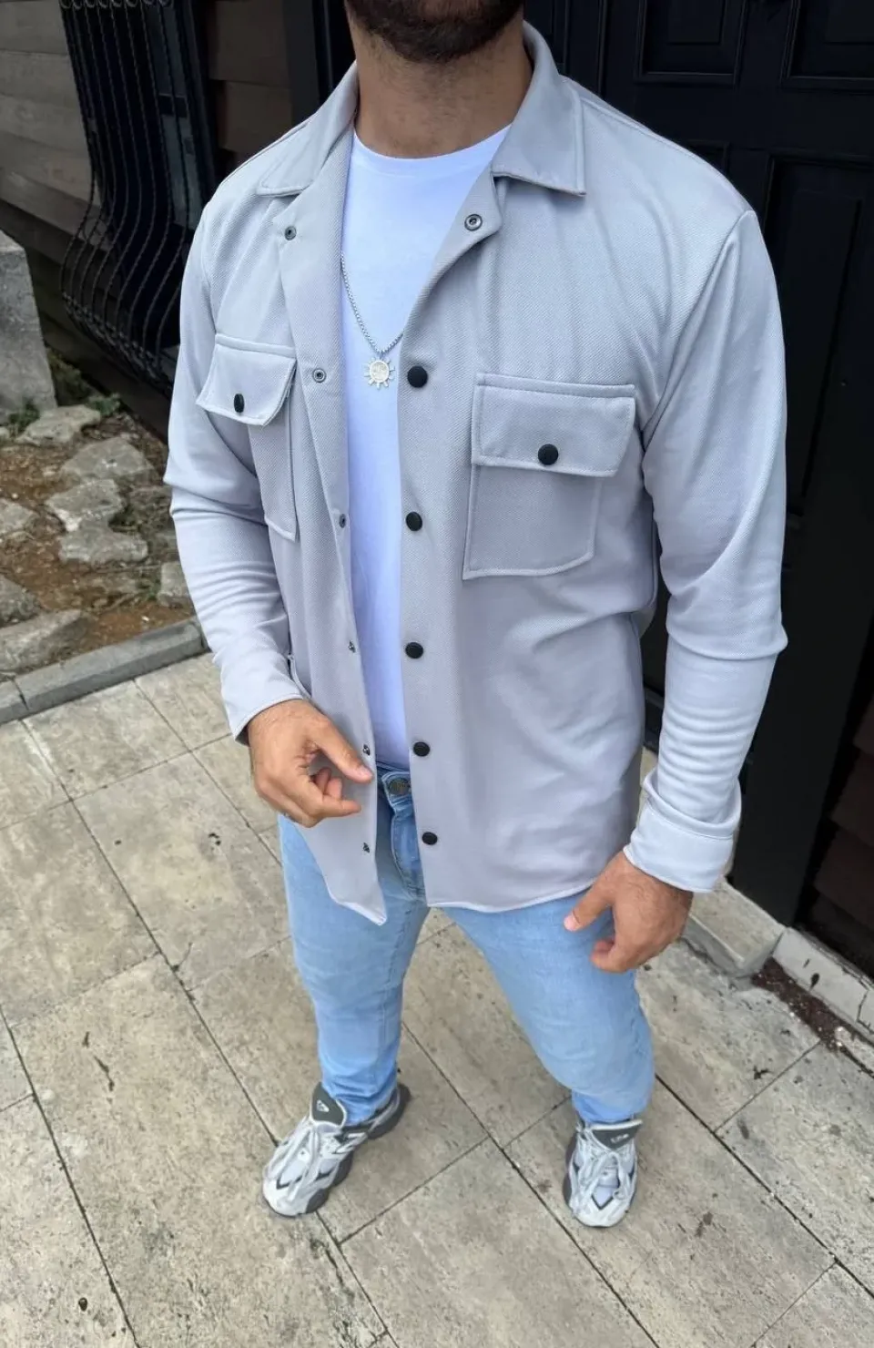 Erkek Diagonal Kumaş Cepli Çıtçıtlı uzun Kollu, Gömlek Oversize Rahat Kalıp Günlük Şık Stil - Gri