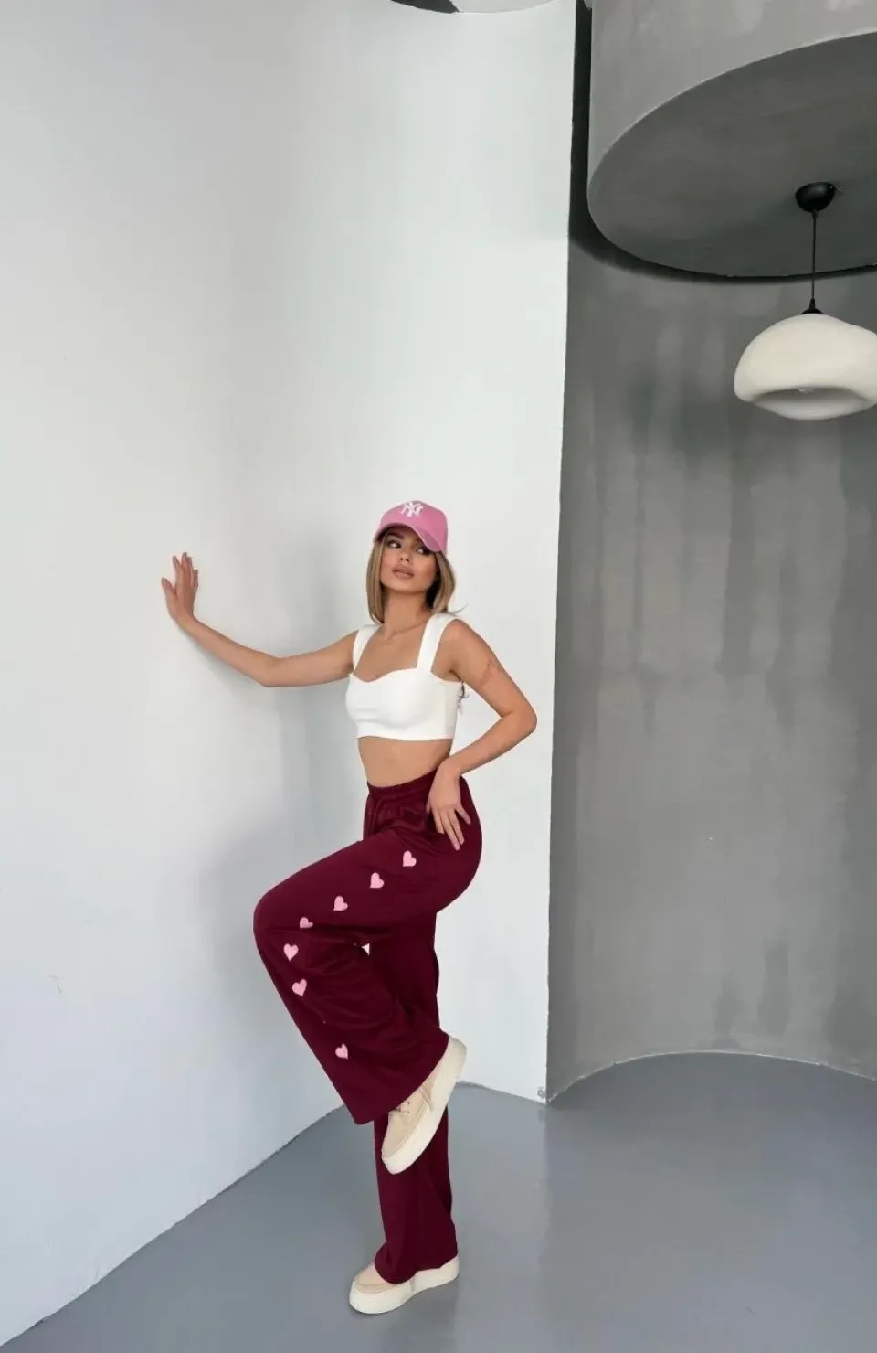 Osy Modal Yumuşak Dokulu Kumaş Nakış işlemeli Rahat Bol Paça Eşofman Pantalon - Bordo