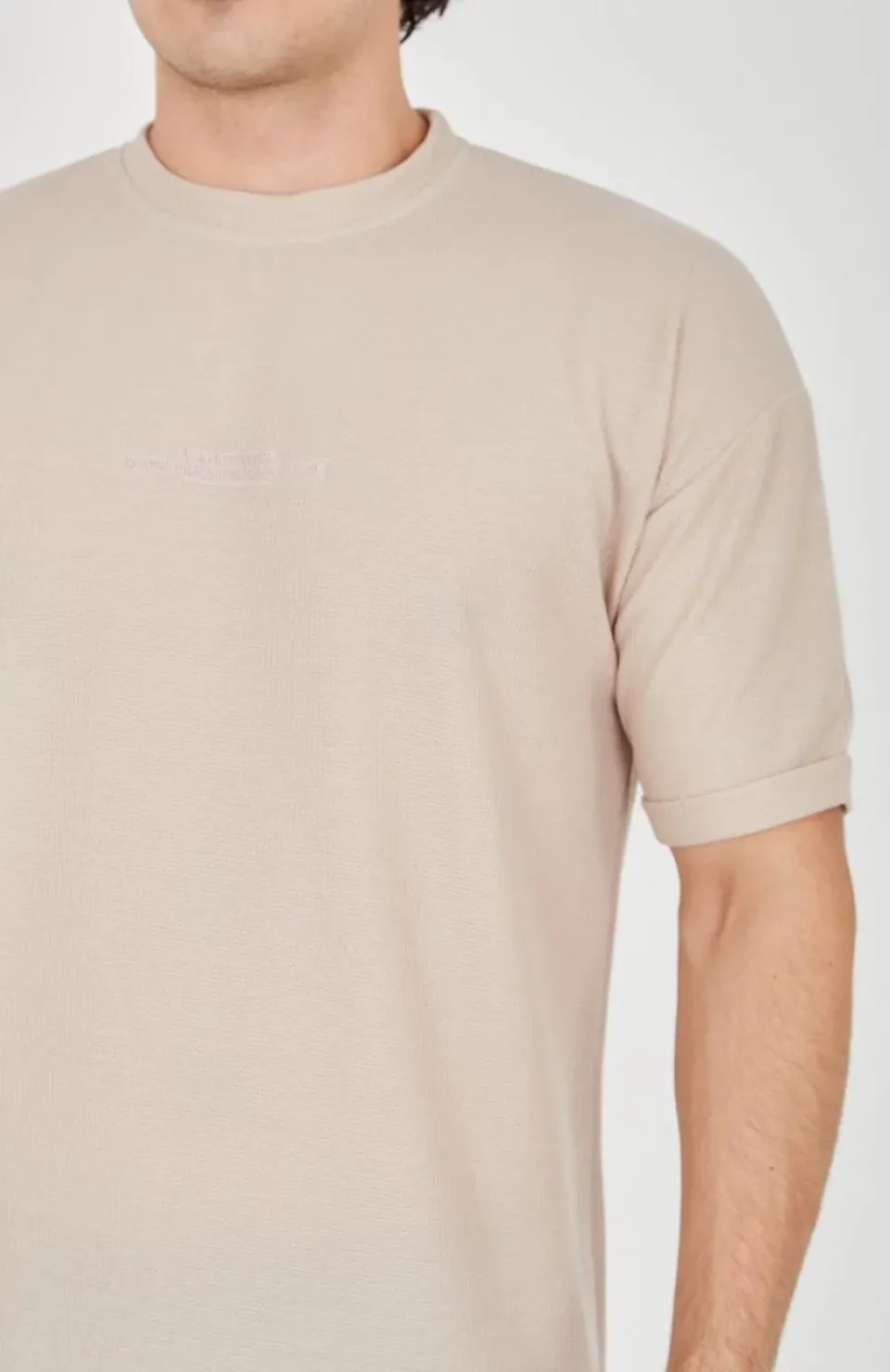 Unisex Waffle Kumaş Rahat Kol T-Shirt - Bej