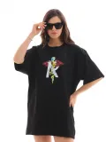 Unisex Bisiklet Yaka Baskılı Oversize T-Shirt - Siyah