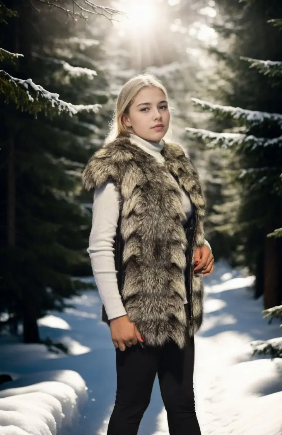 Kadın Kolsuz Hakiki Deri Kürk - Siyah