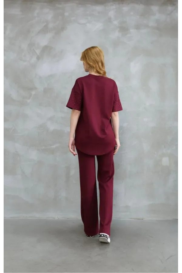Osy Modal Yumuşak dokulu Kumaş Bisiklet Yaka Taş detaylı Kısa Kollu Takım - Bordo