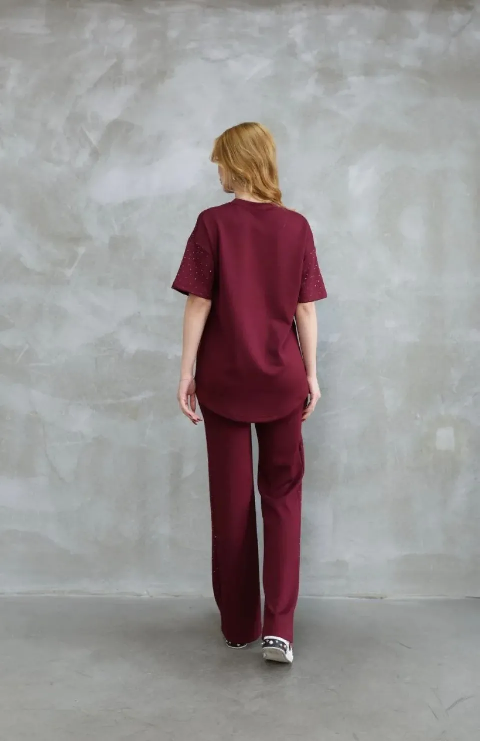 Osy Modal Yumuşak dokulu Kumaş Bisiklet Yaka Taş detaylı Kısa Kollu Takım - Bordo