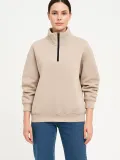 Kadın Üç İplik Dık Yaka Yarım Fermuarlı SweatShirt - Bej