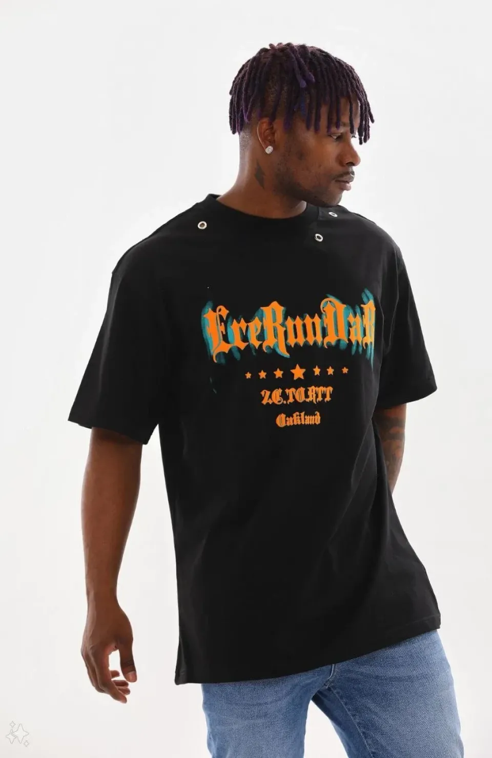 Unisex Kuşgözü Detaylı Baskılı Oversize T-Shirt - Siyah