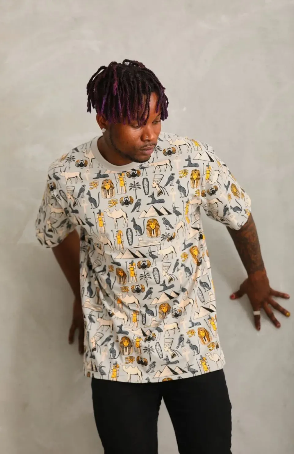 Unisex Oversize Baskılı Bisiklet Yaka T-Shirt - Gri