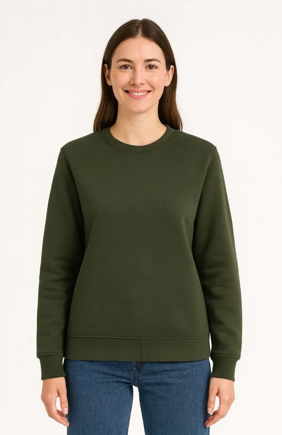 Kadın Üç İplik Düz Bisiklet Yaka SweatShirt - Haki