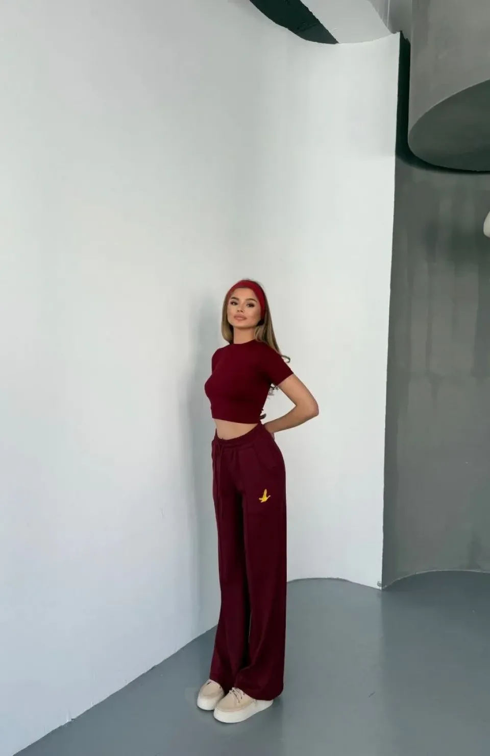 Osy Modal Yumuşak Dokulu Kumaş Nakış işlemeli Rahat Bol Paça Eşofman Pantalon - Bordo