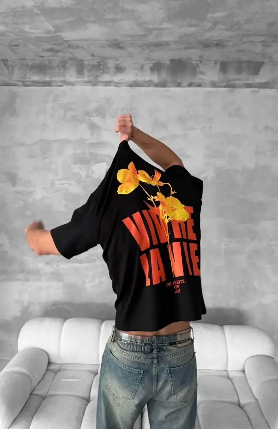 Ön ve Arka Baskılı Oversize Bisiklet Yaka T-shirt- Siyah