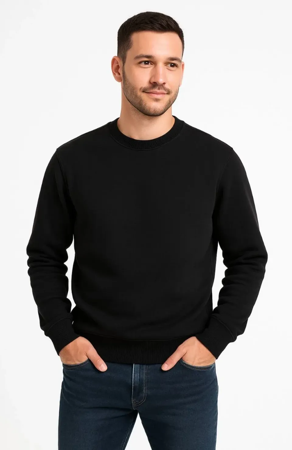 Erkek Üç İplik Düz Bisiklet Yaka SweatShirt - Siyah