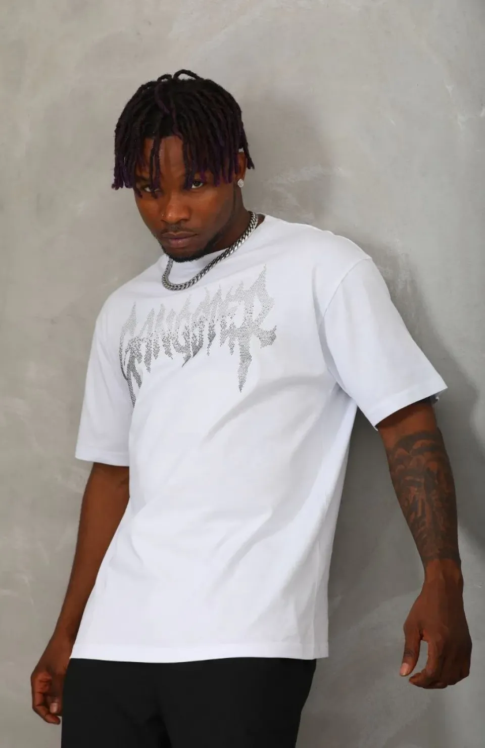 Unisex Oversize Taşlı Bisiklet Yaka T-Shirt - Beyaz