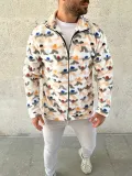 Erkek Tam Fermuarlı Desenli Polar Sweat – Siyah Multicolor Figür Desen Yakalı, Uzun Kollu, Oversize Rahat Kalıp- Beyaz