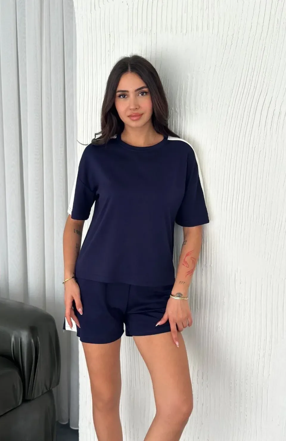 Osy Modal yumuşak dokulu Kumaş Kadın Parçalı Bisiklet Yaka T-shirt Kısa Şort İkili Takım - Mavi