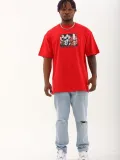 Unisex Oversize Baskılı Bisiklet Yaka T-Shirt - Kırmızı
