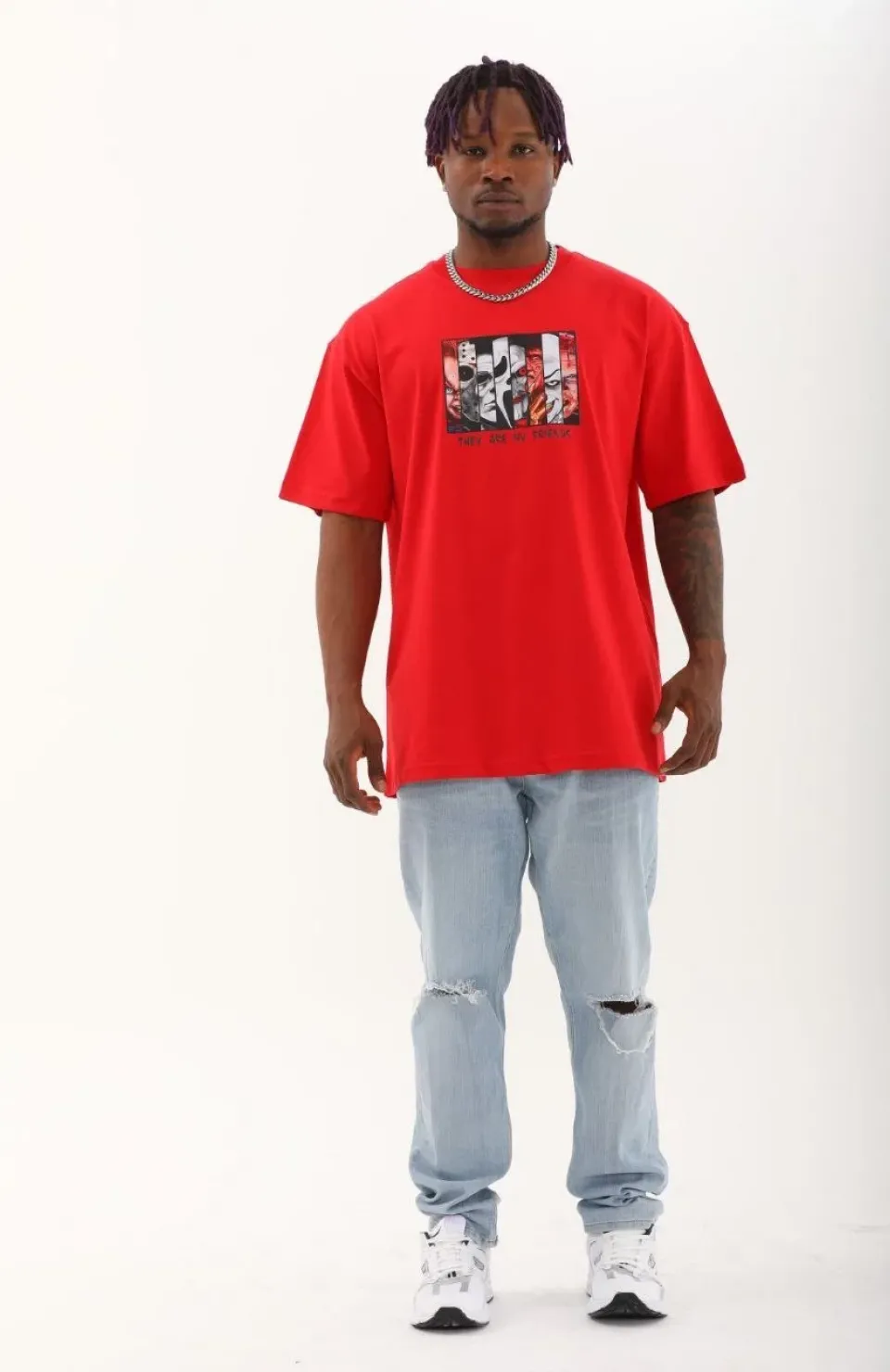 Unisex Oversize Baskılı Bisiklet Yaka T-Shirt - Kırmızı