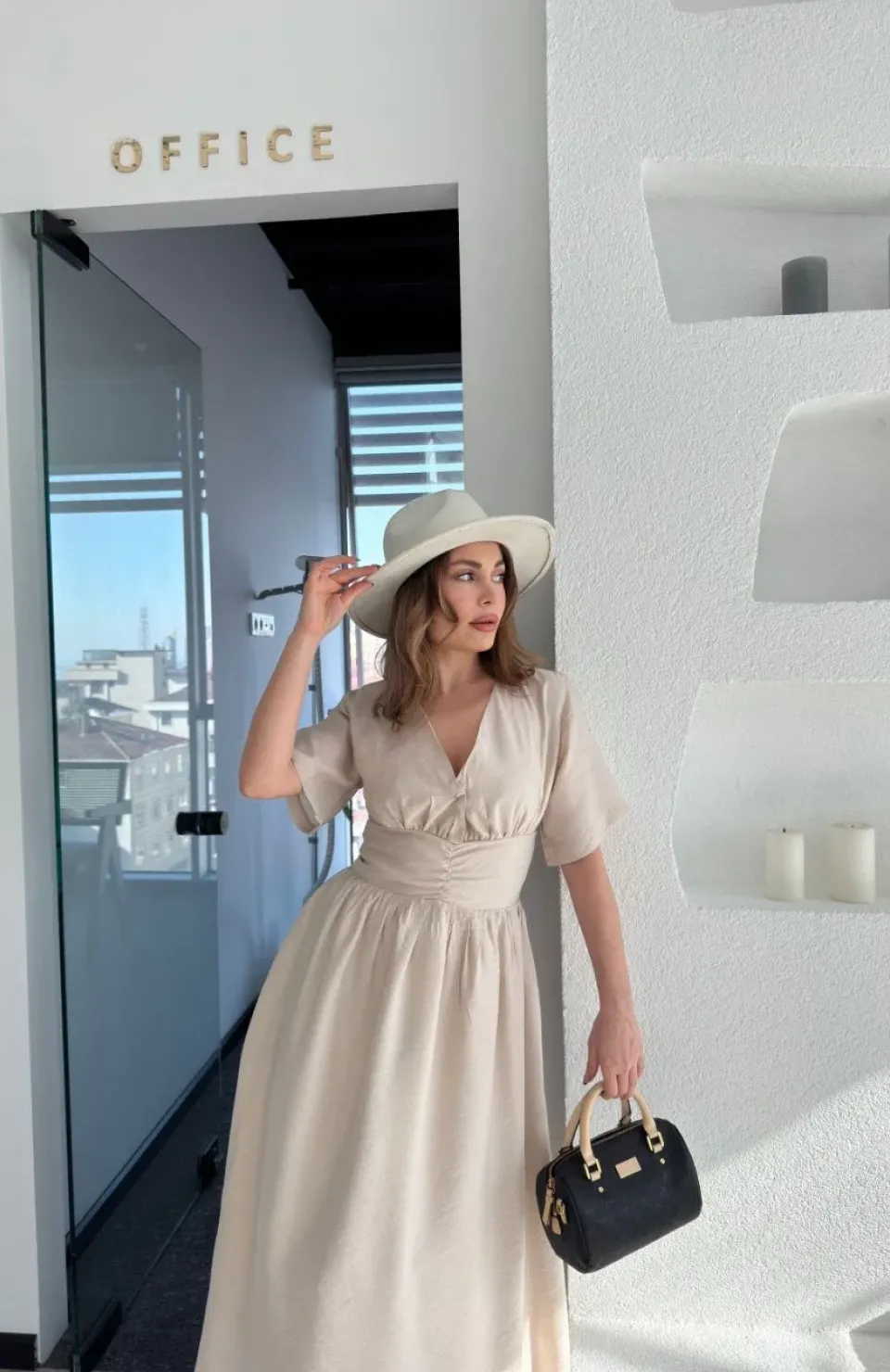 Kısa Kollu Uzun Elbise - Kırık Beyaz