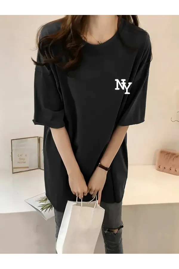 Kadın Eğlenceli Harf NY Baskılı Bisiklet Yaka Tişört - Rahat Polyester, Makinede Yıkanabilir - Yaz ve Fitness için Mükemmel, Yuvarlak Yaka - Siyah