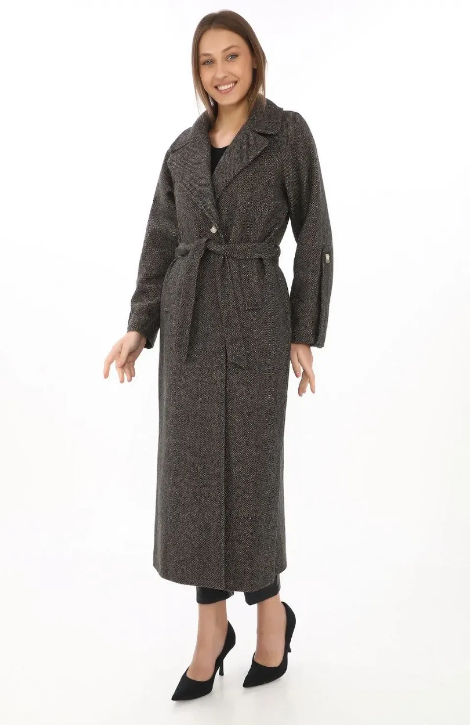 Kadın Kolu Apoletli Astarlı Kaşmir Kaşe Kaban - Füme