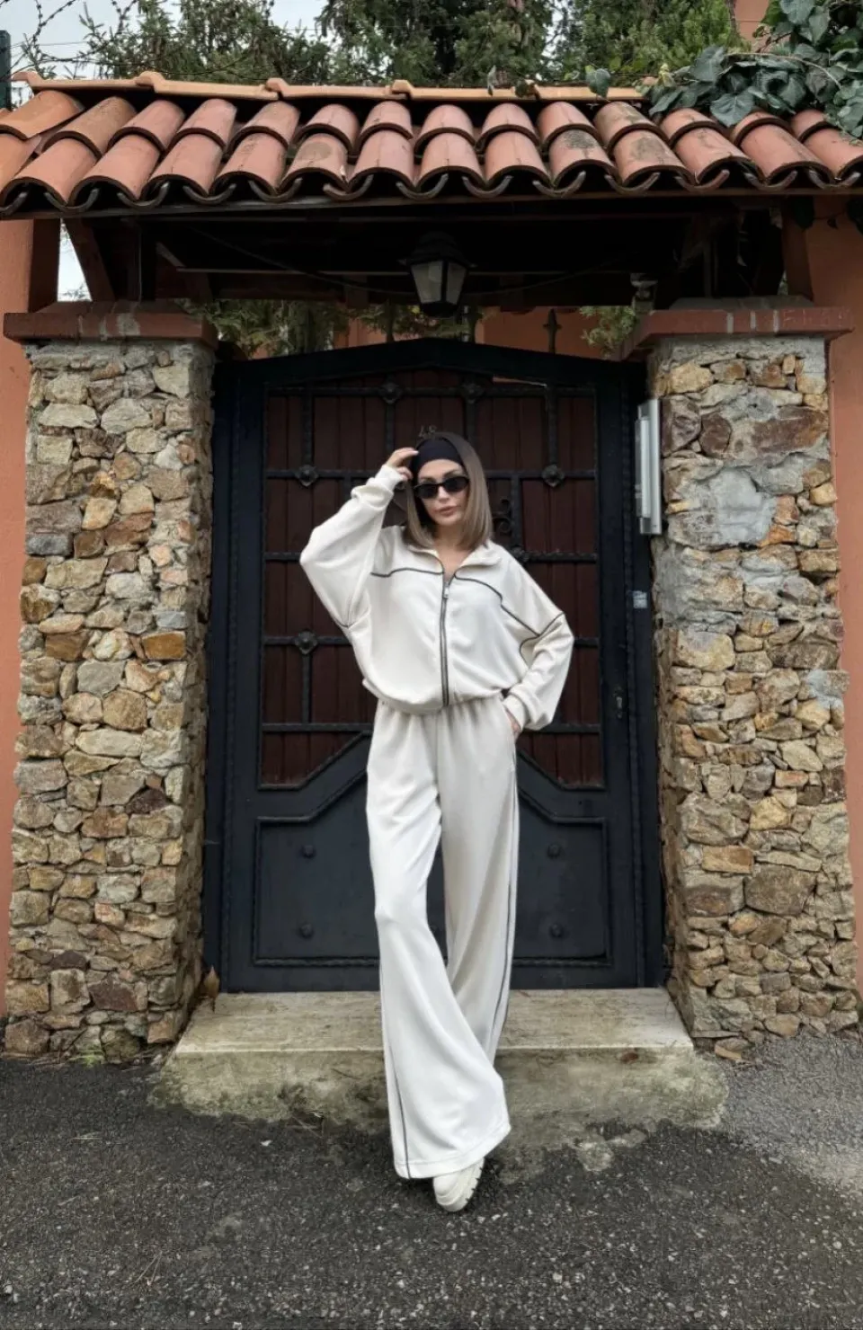 Fermuarlı Eşofman Pantolon İkili Takım - Beyaz