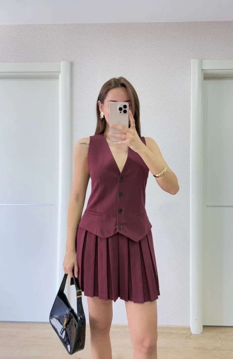 Keten Takım Görünümlü Düğme Detaylı Yelekli Mini Elbise - Bordo