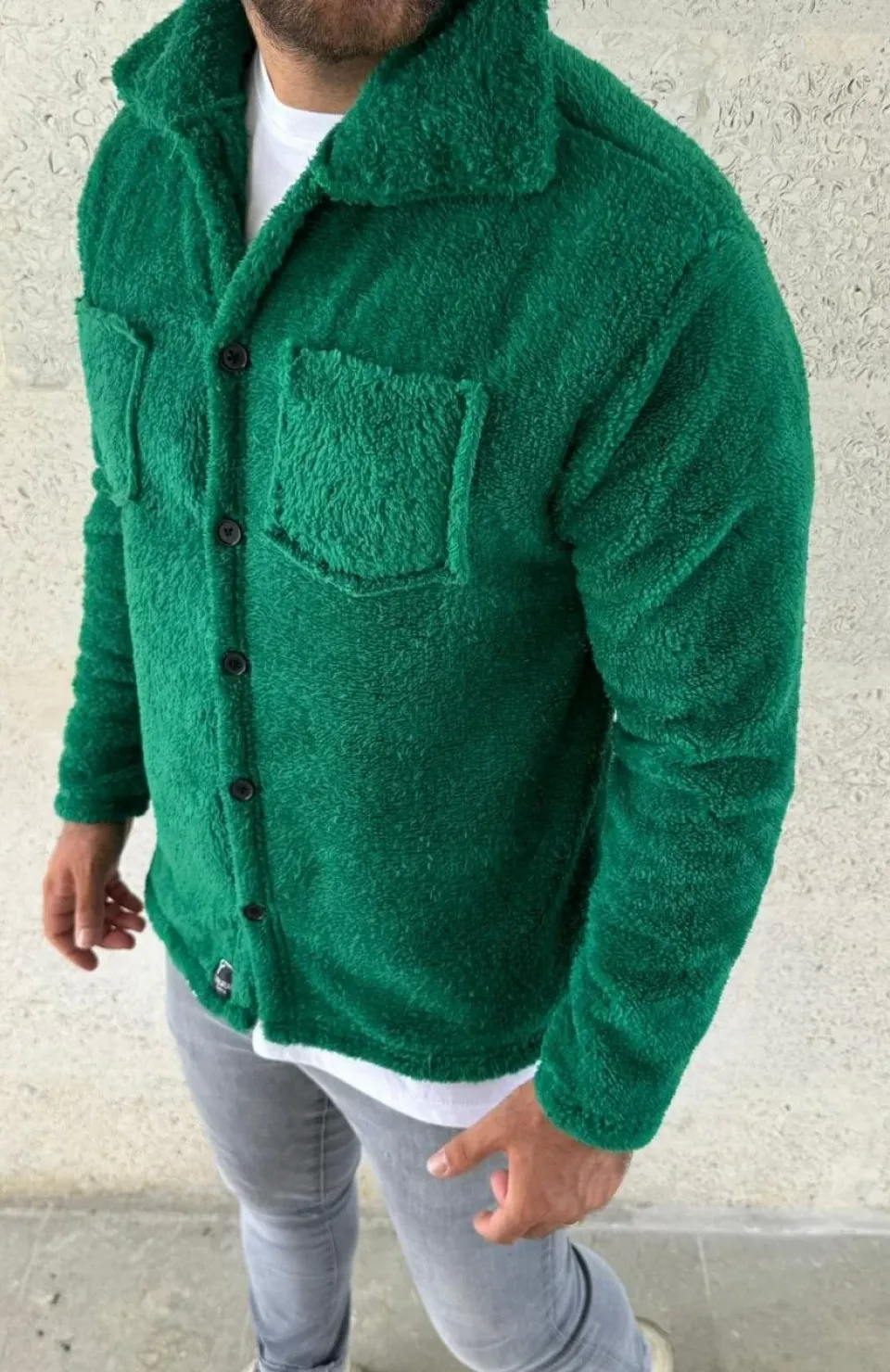 Erkek Pelüş Polar Hırka Gömlek – Yakalı, İlik Düğmeli, Göğüs Cepli, Yumuşak Dokulu Kışlık Regular Fit Rahat Günlük Model - Çimen Yeşili
