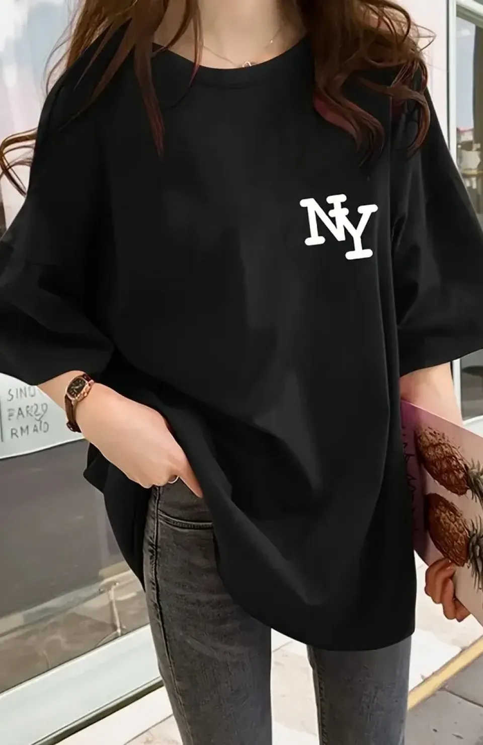 Kadın Eğlenceli Harf NY Baskılı Bisiklet Yaka Tişört - Rahat Polyester, Makinede Yıkanabilir - Yaz ve Fitness için Mükemmel, Yuvarlak Yaka - Siyah