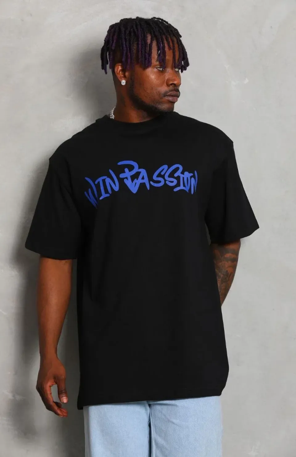 Unisex Oversize Baskılı Bisiklet Yaka T-Shirt - Siyah